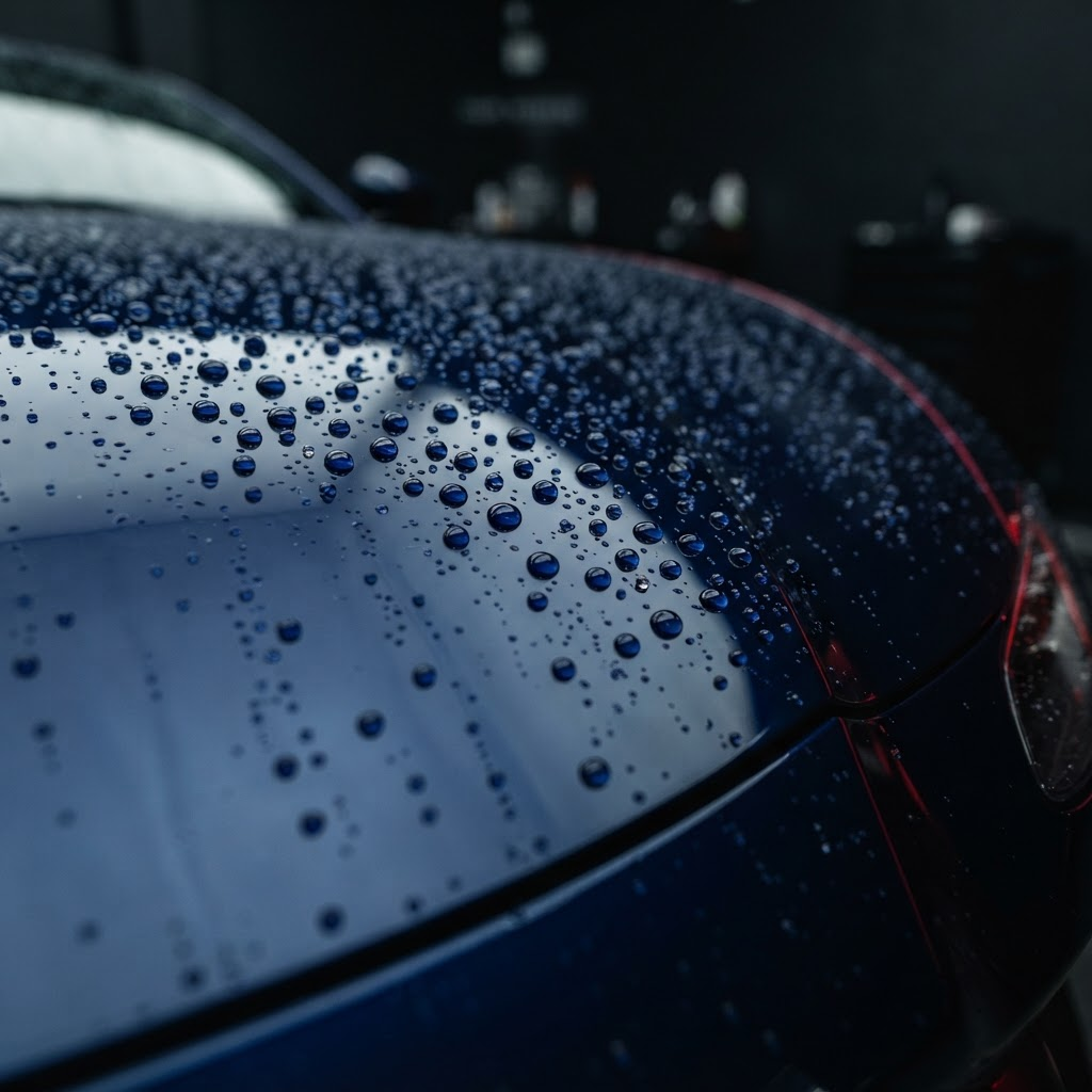Water beading on a freshly ceramic-coated glossy car hood