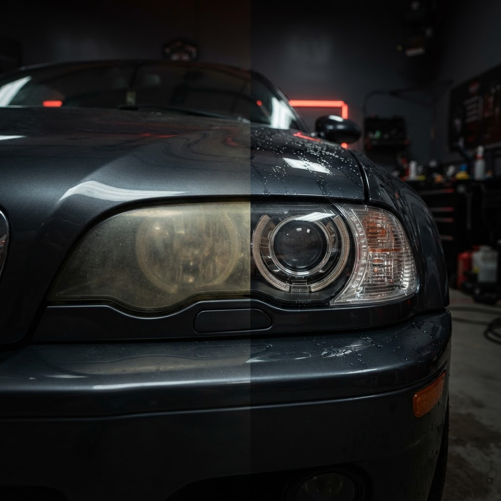 Foggy headlight restored to crystal-clear clarity, before and after